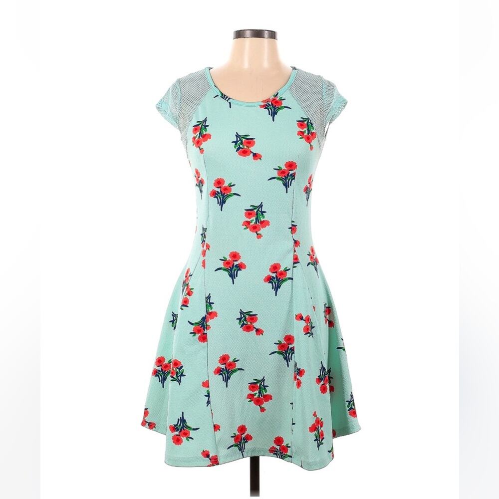 Paradise‎ Miss mint and floral print a line mesh shoulder dress, L